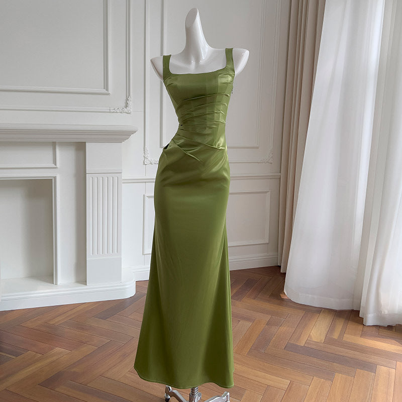 Women's Square Collar Pleated Satin French Slim Fit Long Dress