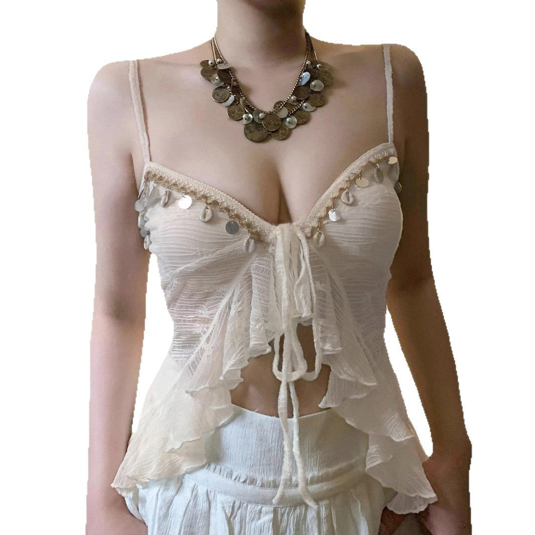 Low Collar Chest-flattering Lace-up Irregular Mesh Sexy See-through Vest