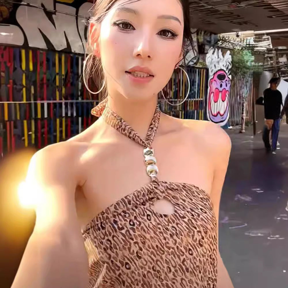 Halter Graceful Vest Leopard-print Slim-fit Off-the-shoulder Lace-up Top