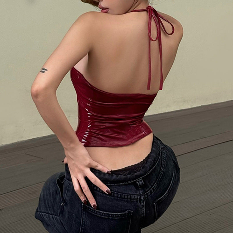 V-neck Metal Buckle Pleated Chest Slimming Leather Sling Top