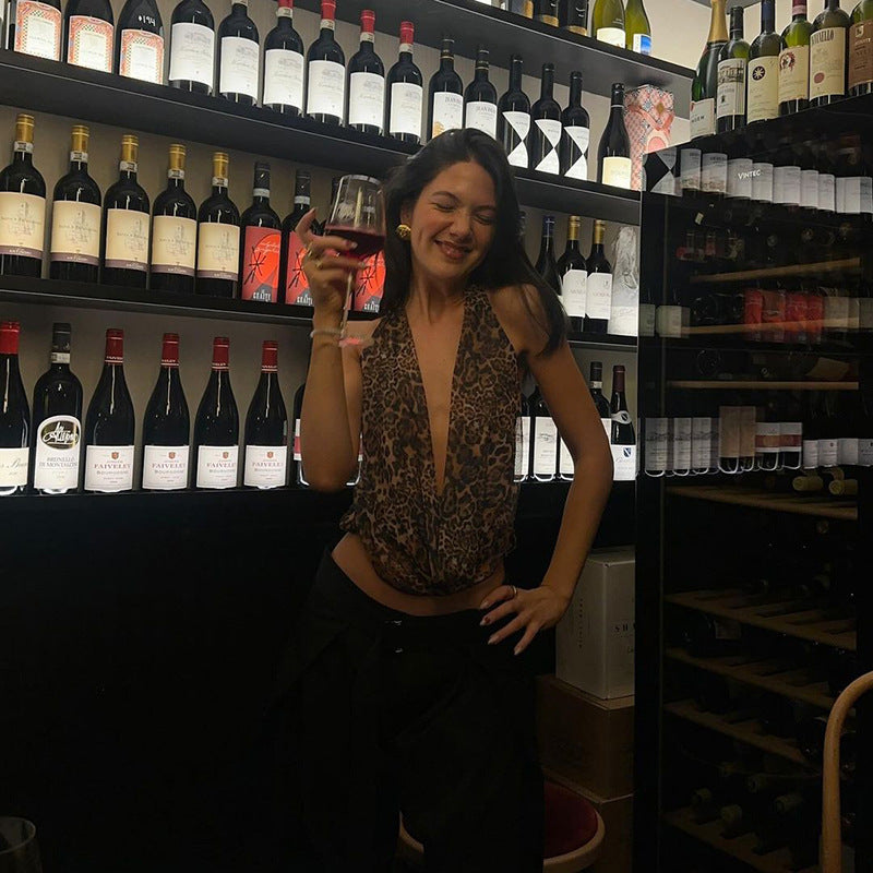 Sexy Sleeveless Leopard Print Lace-up Backless Halterneck Vest