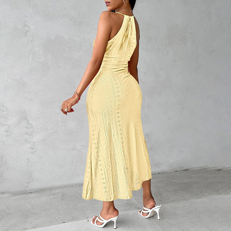 Women's Sexy Halter Neck Ruched Bodycon Midi Dresses Elegant Sleeveless Cocktail Party Dress