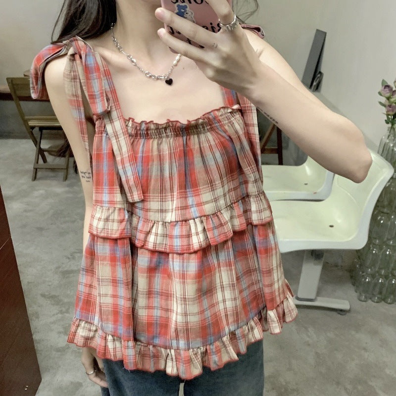 Plaid Short Sleeveless Outer Wear Camisole Women's Spring And Summer Vest Top