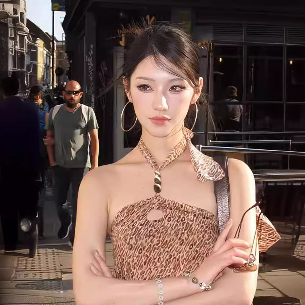 Halter Graceful Vest Leopard-print Slim-fit Off-the-shoulder Lace-up Top