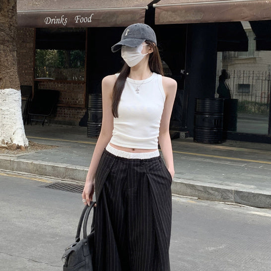 Waist Pleated I-shaped Base Ride Sleeveless Outer Wear Hot Girl Style Vest
