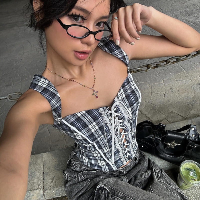 American Vintage Stripe Strap Design Temperament Spaghetti-strap Camisole Top