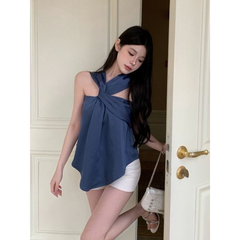 Blue Halter Niche Sleeveless Vest Elegant Chic Slim Top