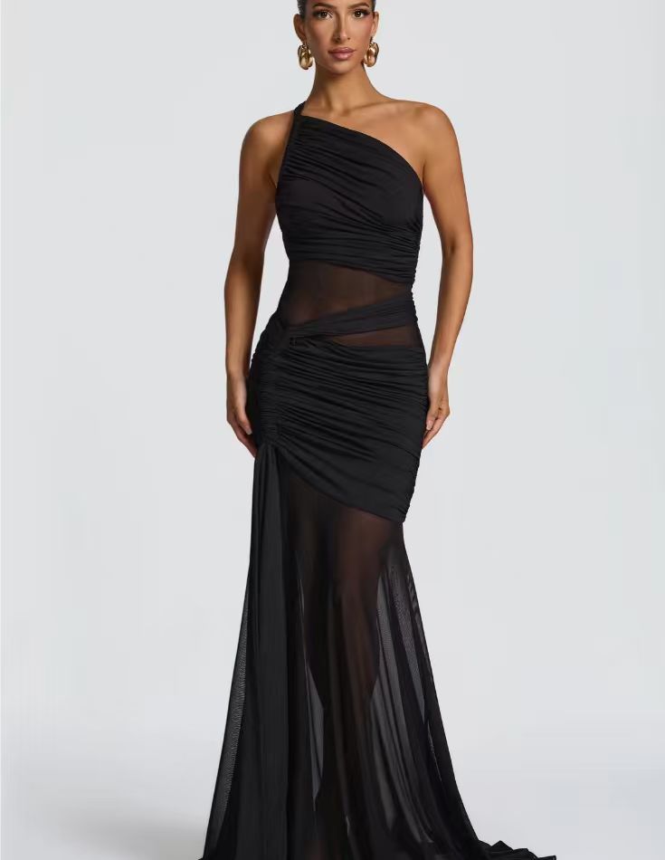 Cross Slant Shoulder  Pleated Dress