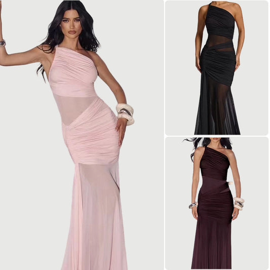 Cross Slant Shoulder  Pleated Dress