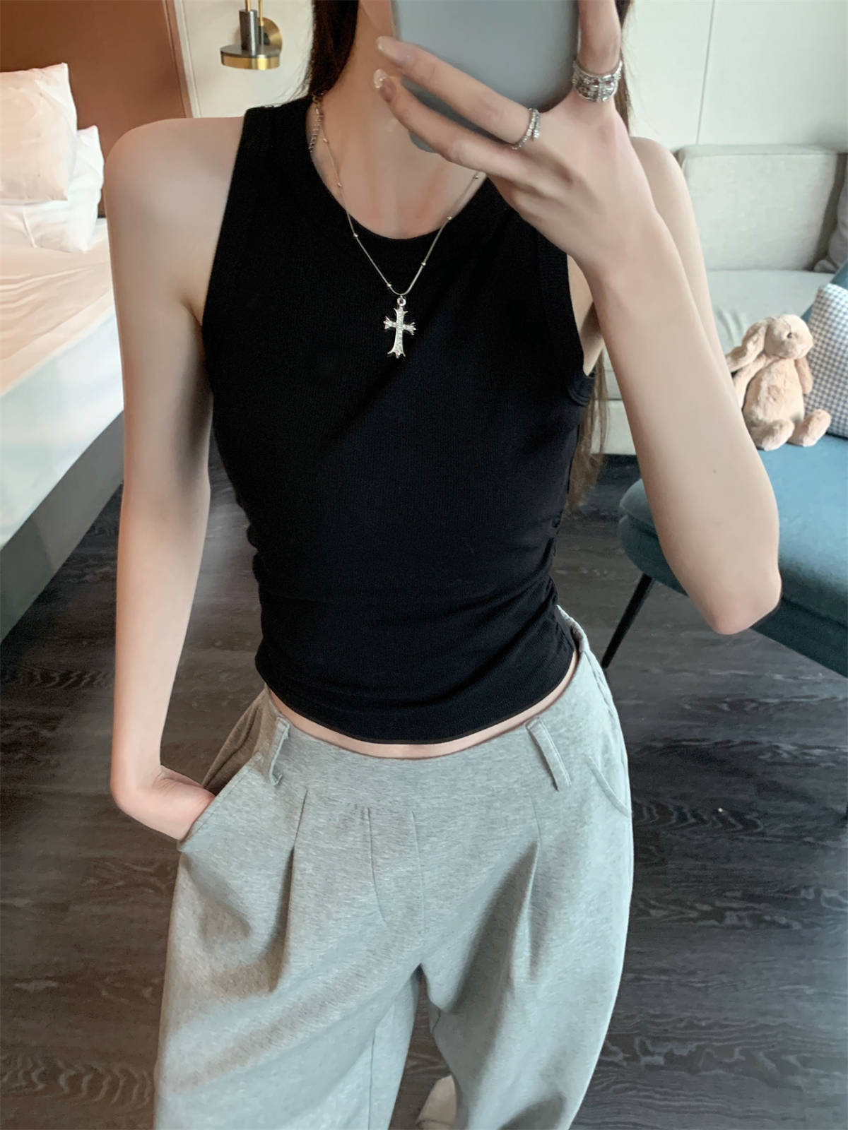 Waist Pleated I-shaped Base Ride Sleeveless Outer Wear Hot Girl Style Vest