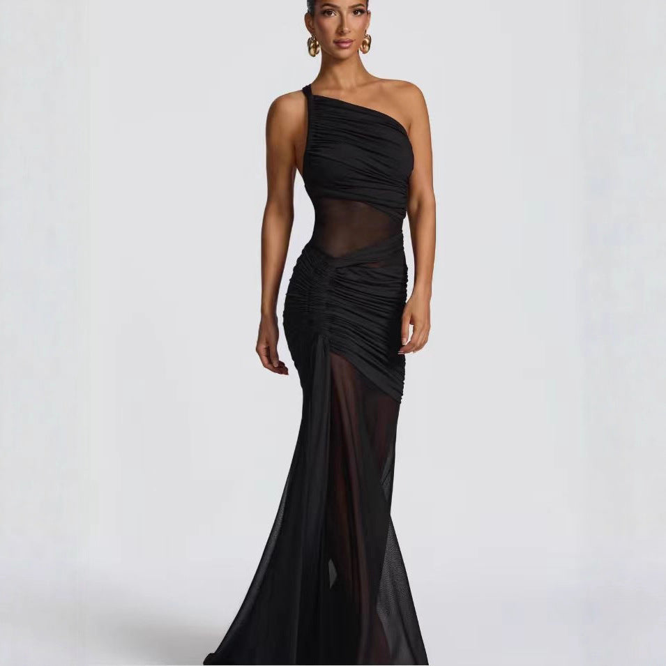 Cross Slant Shoulder  Pleated Dress