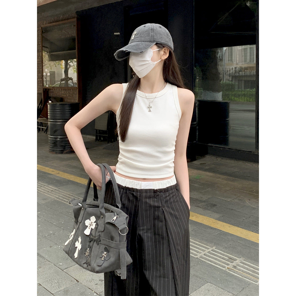 Waist Pleated I-shaped Base Ride Sleeveless Outer Wear Hot Girl Style Vest