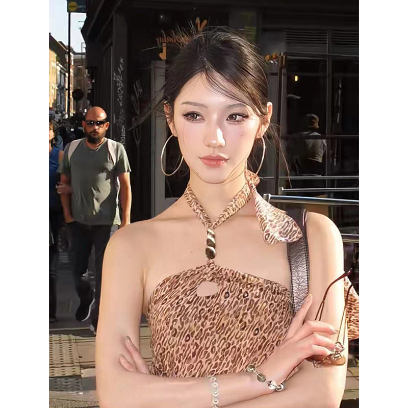 Halter Graceful Vest Leopard-print Slim-fit Off-the-shoulder Lace-up Top