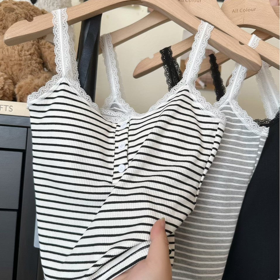 Vest Lace Slimming Stripes Button With Chest Pad