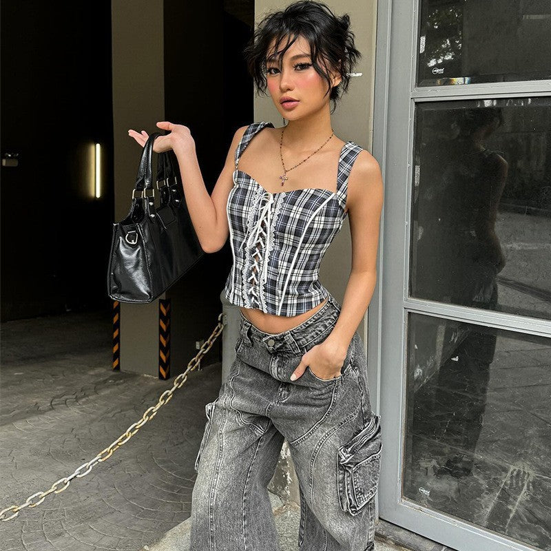 American Vintage Stripe Strap Design Temperament Spaghetti-strap Camisole Top