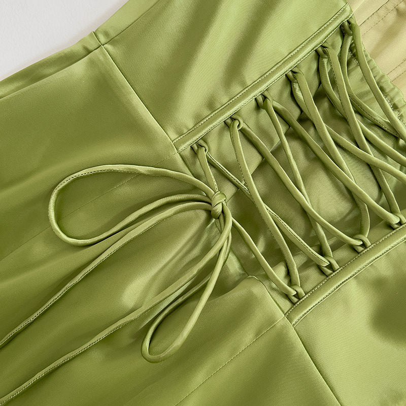 Women's Square Collar Pleated Satin French Slim Fit Long Dress