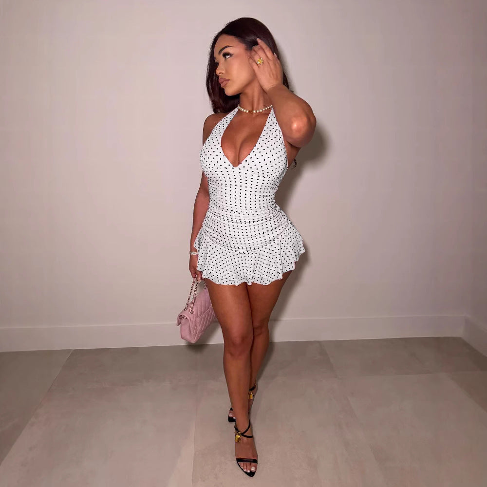 V-neck Halter Pleating Polka Dot Dress