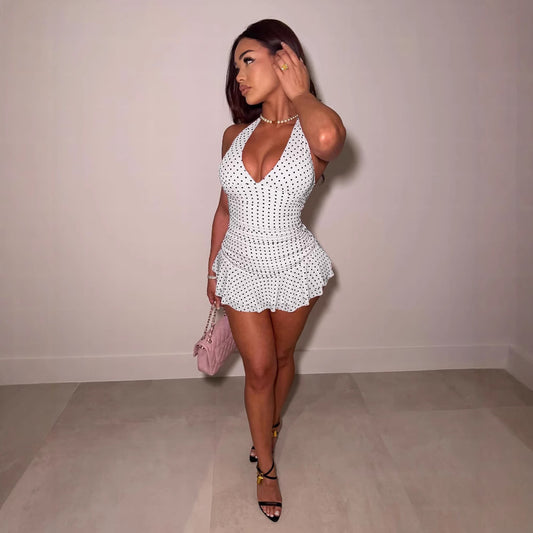 V-neck Halter Pleating Polka Dot Dress