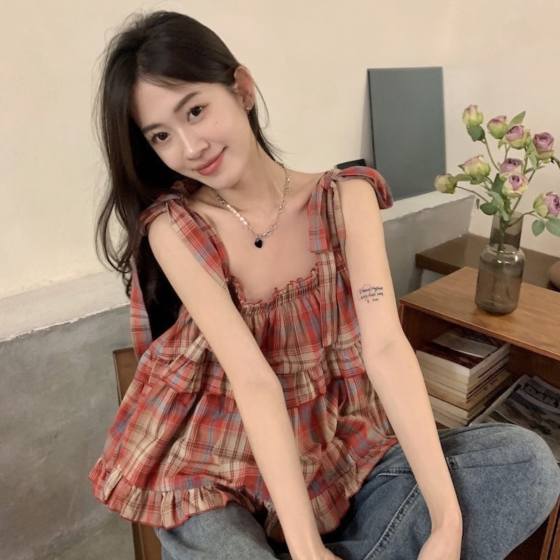 Plaid Short Sleeveless Outer Wear Camisole Women's Spring And Summer Vest Top