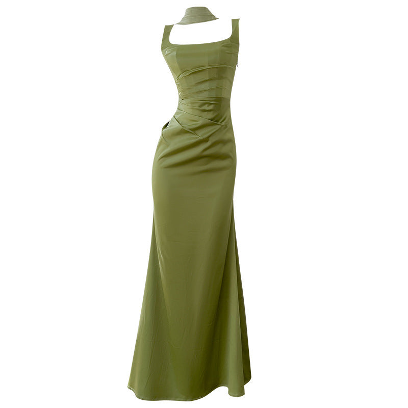 Women's Square Collar Pleated Satin French Slim Fit Long Dress