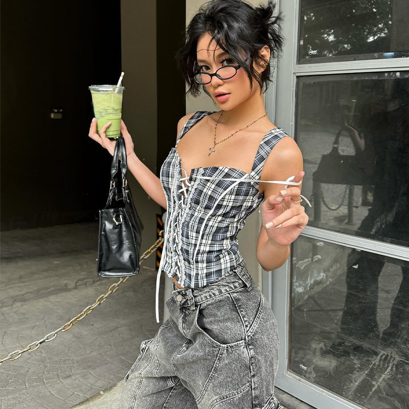 American Vintage Stripe Strap Design Temperament Spaghetti-strap Camisole Top