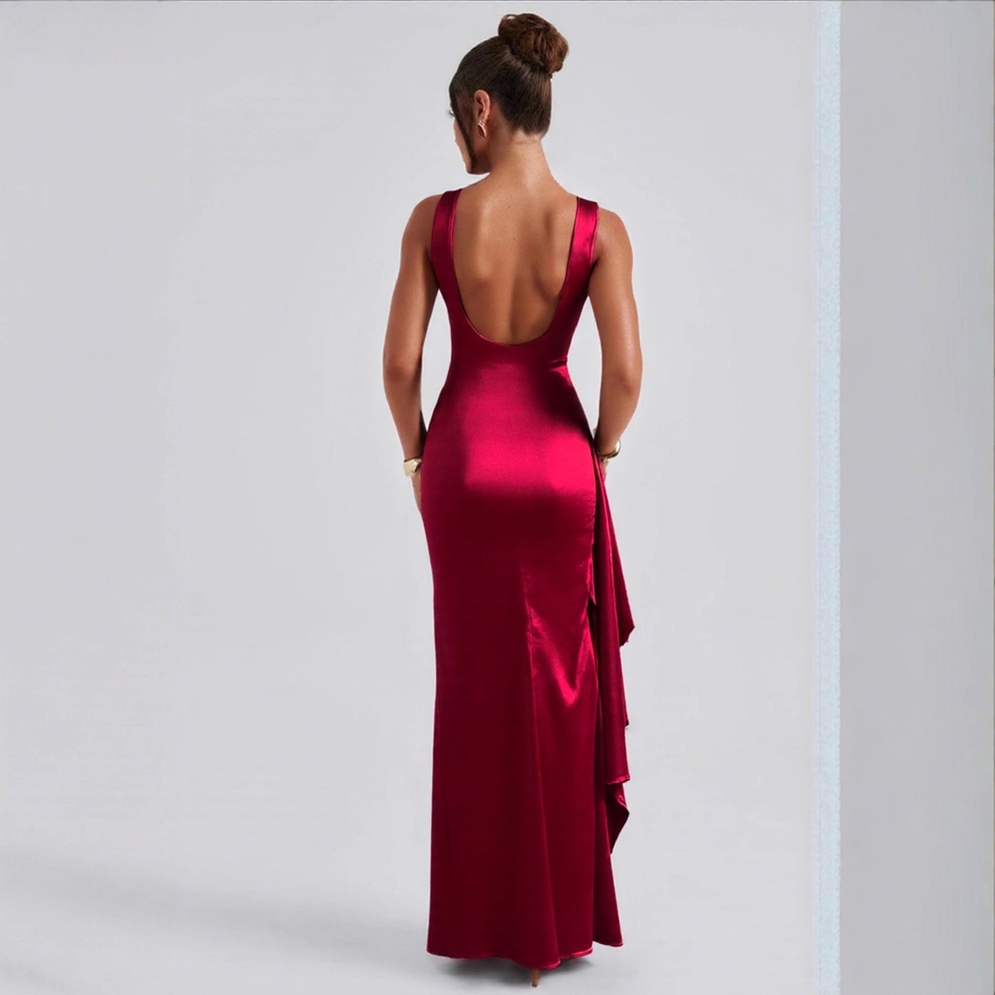 Women's Solid Color Backless Round Neck Sleeveless High Slit Dress