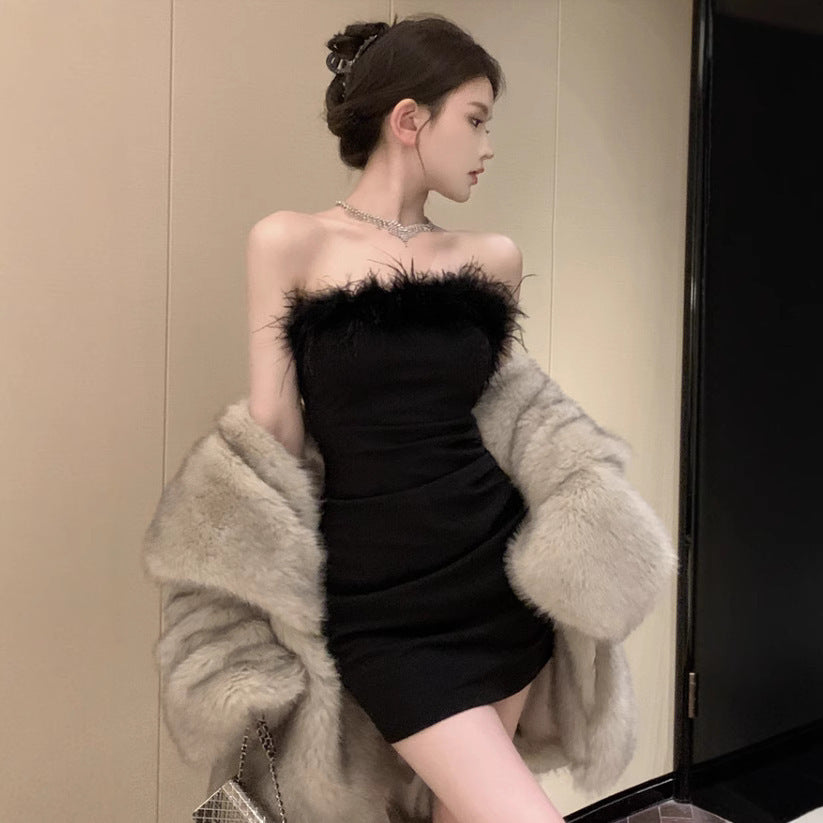 Fur Style Collar Tube Top Dress
