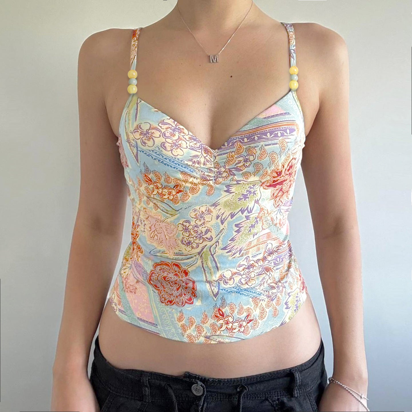 French Retro Printed Contrast Color Beaded Camisole