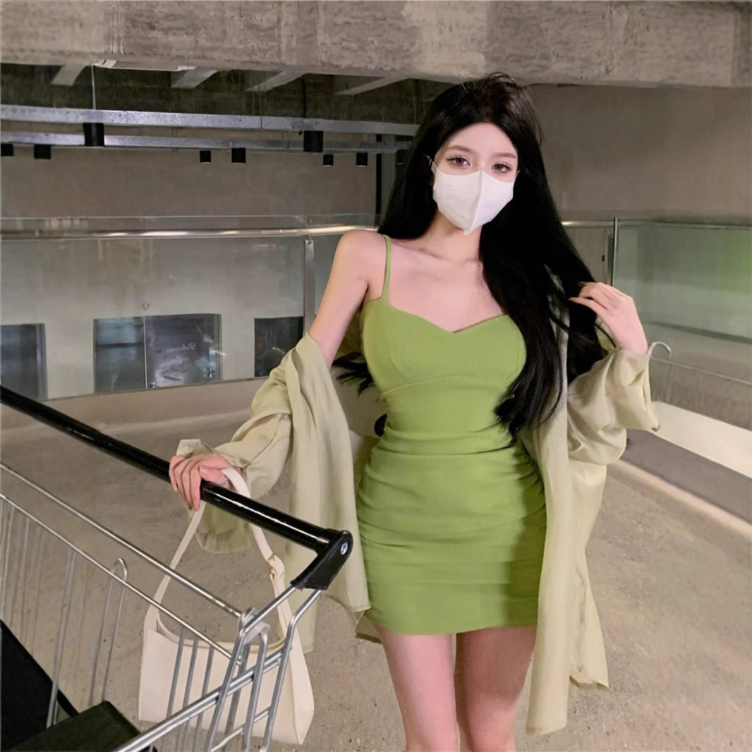 French Hipster Style Green Suspenders Dress