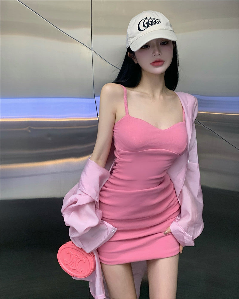 French Hipster Style Green Suspenders Dress