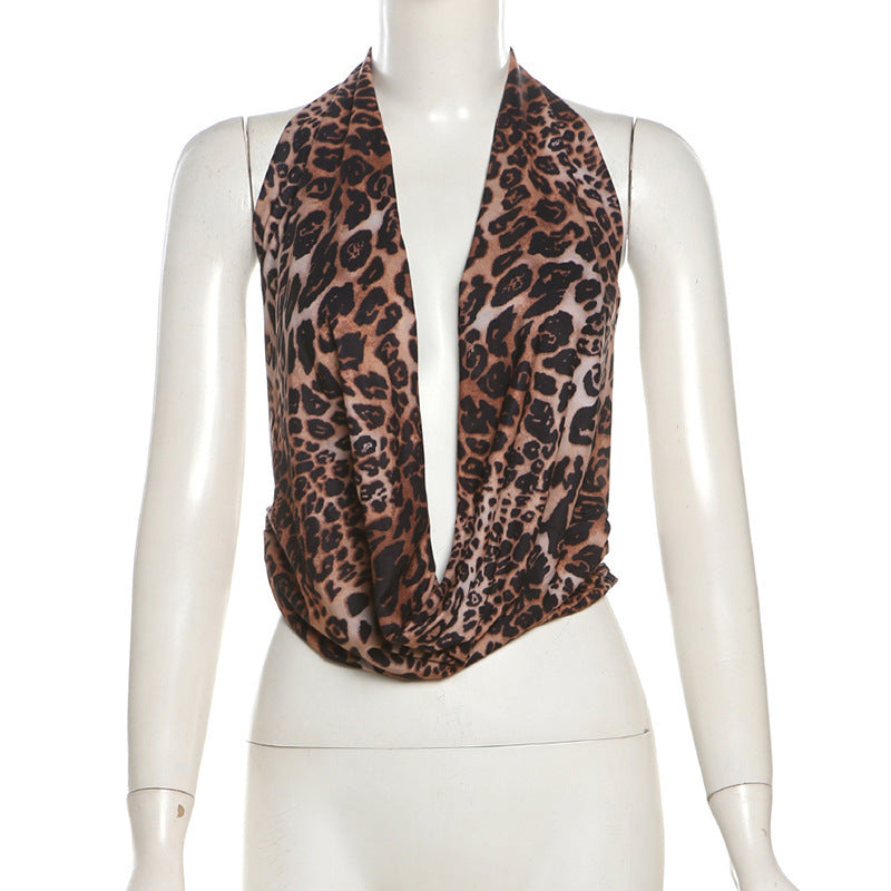 Sexy Sleeveless Leopard Print Lace-up Backless Halterneck Vest