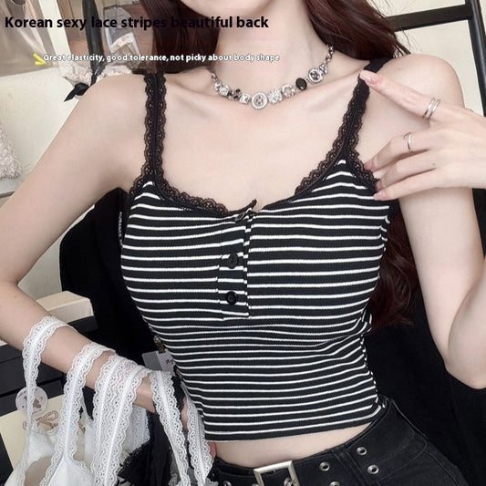 Vest Lace Slimming Stripes Button With Chest Pad