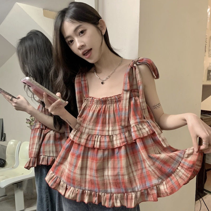Plaid Short Sleeveless Outer Wear Camisole Women's Spring And Summer Vest Top