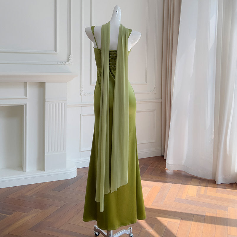 Women's Square Collar Pleated Satin French Slim Fit Long Dress