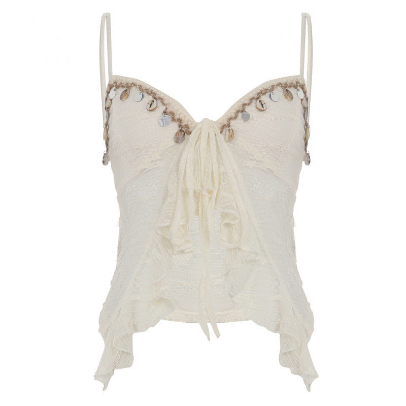 Low Collar Chest-flattering Lace-up Irregular Mesh Sexy See-through Vest