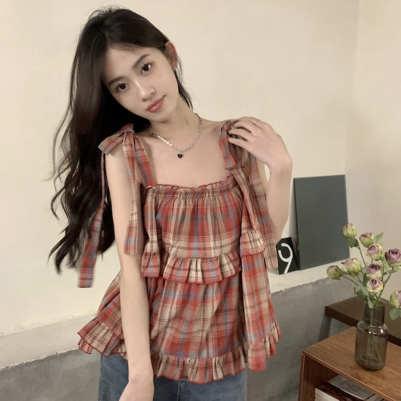 Plaid Short Sleeveless Outer Wear Camisole Women's Spring And Summer Vest Top