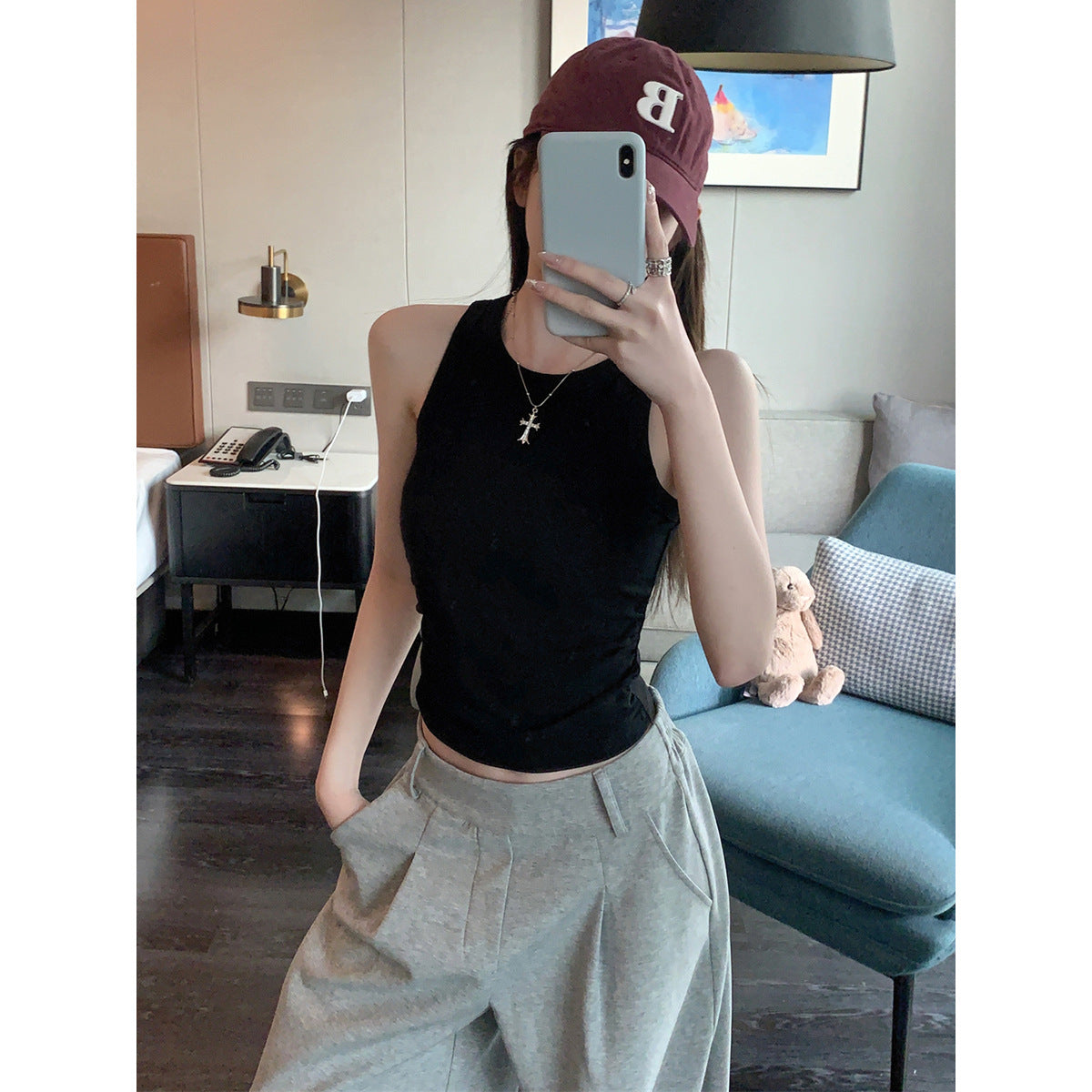 Waist Pleated I-shaped Base Ride Sleeveless Outer Wear Hot Girl Style Vest