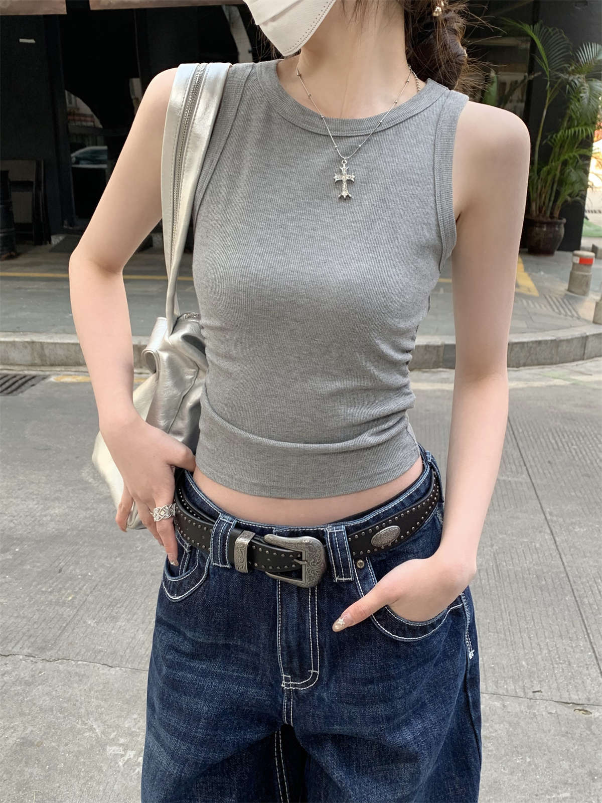 Waist Pleated I-shaped Base Ride Sleeveless Outer Wear Hot Girl Style Vest