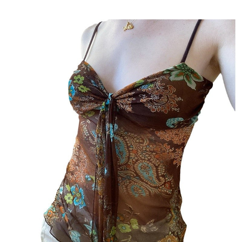 European And American Retro Printing Color Contrast V-neck Small Sling Women's Spring