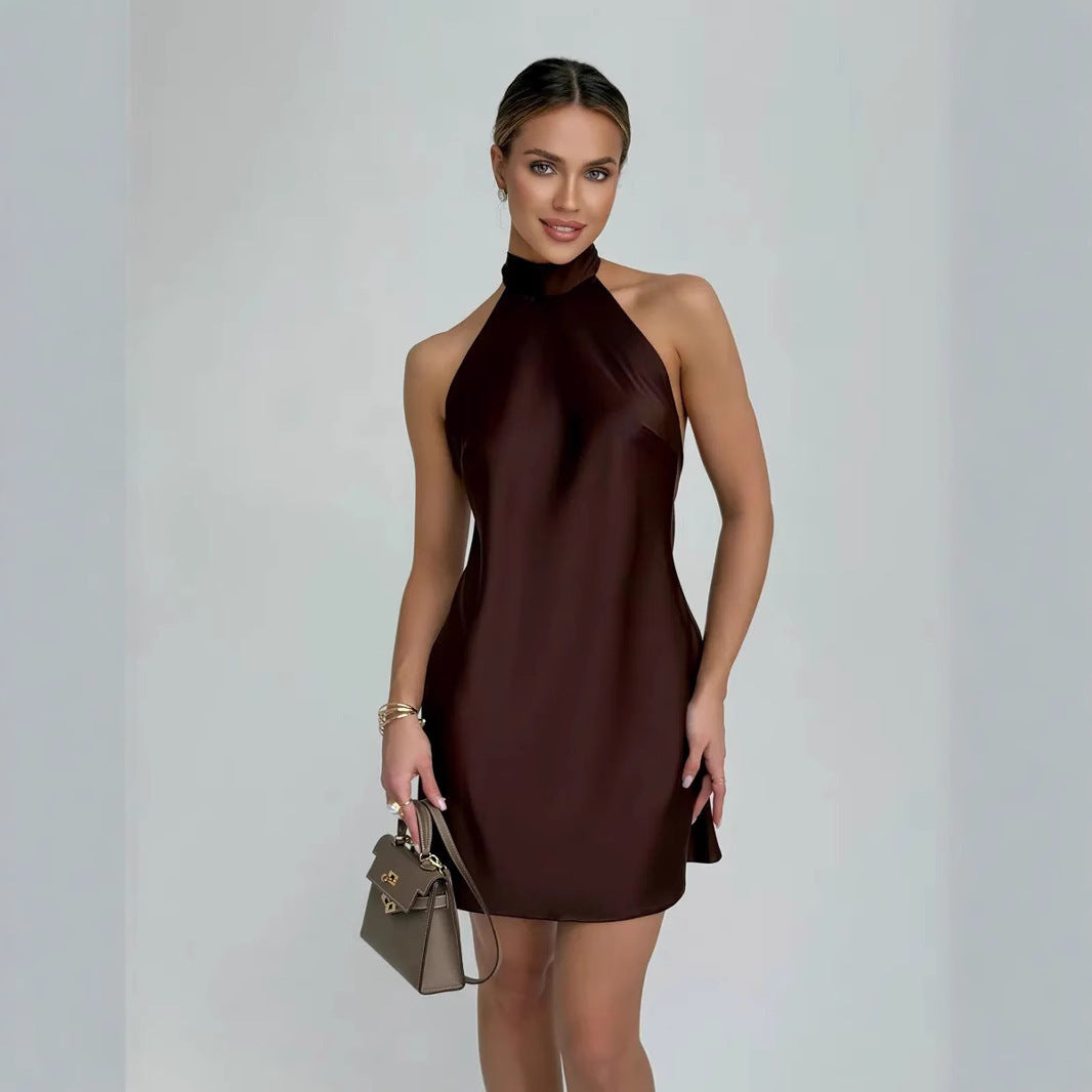 Sleeveless Dress Satin Halter Mid-length