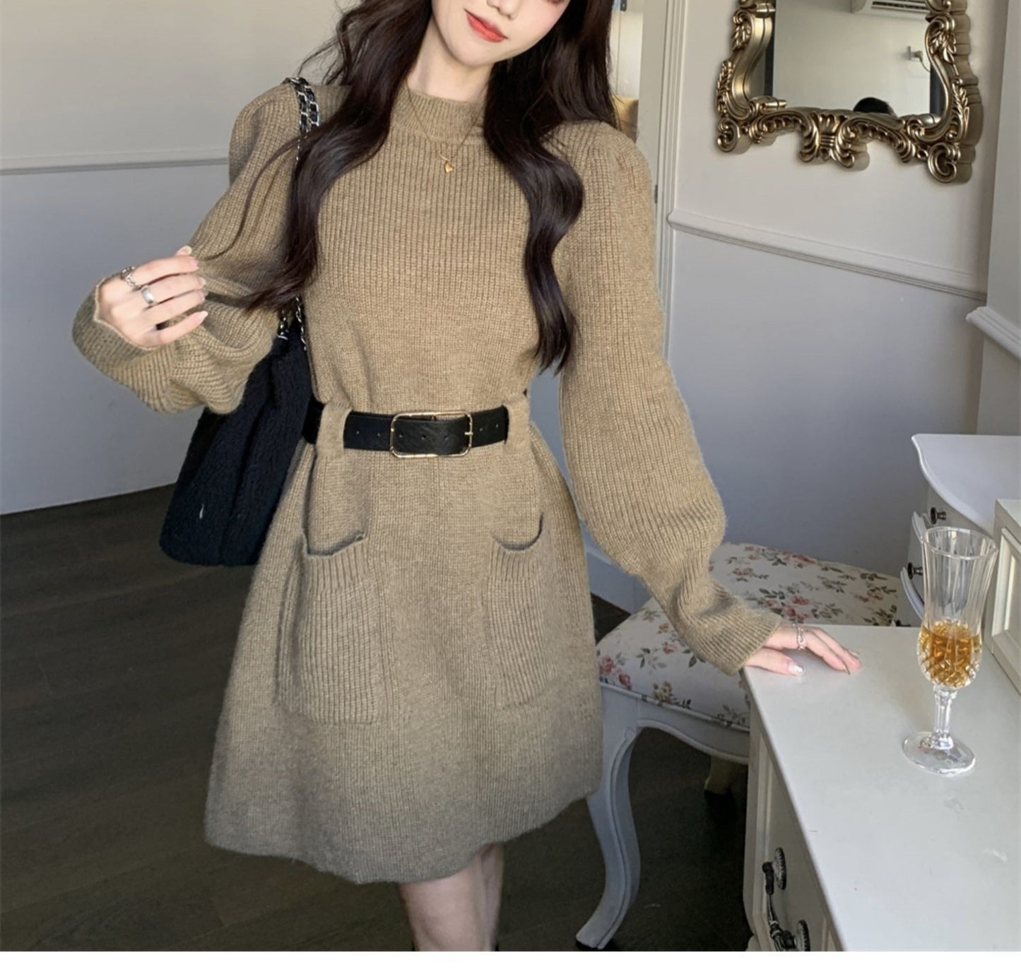 Long Sleeve Loose Knitted Base Dress Women