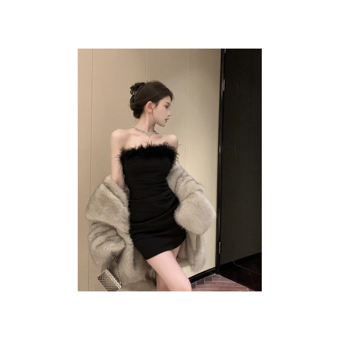 Fur Style Collar Tube Top Dress