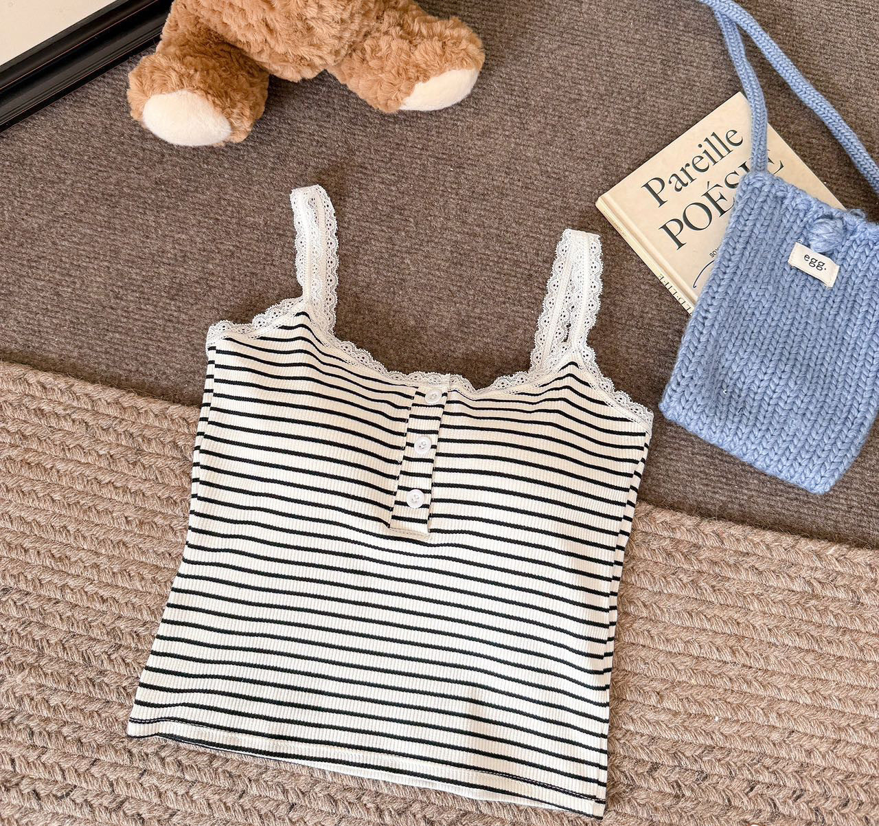 Vest Lace Slimming Stripes Button With Chest Pad