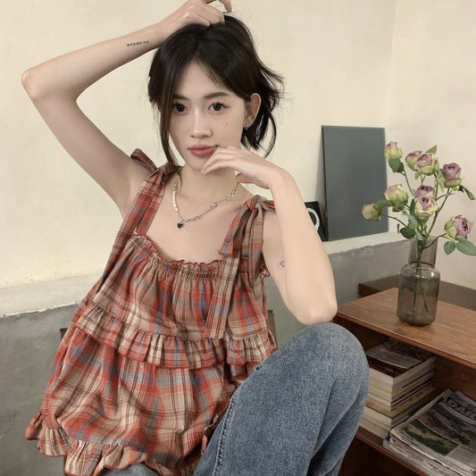 Plaid Short Sleeveless Outer Wear Camisole Women's Spring And Summer Vest Top